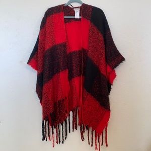 Free People Hampton Red & Black Plaid Fringed Scarf Shawl